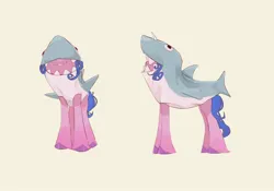 Size: 2000x1400 | Tagged: safe, artist:pascal571, derpibooru import, izzy moonbow, pony, unicorn, g5, animal costume, clothes, costume, covered eyes, female, image, jpeg, mare, shark costume, silly, simple background, smiling, solo, voice actor joke, yellow background