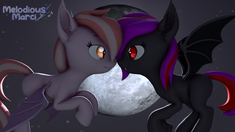 Size: 3840x2160 | Tagged: safe, artist:melodiousmarci, derpibooru import, oc, oc:alum orchid, oc:strawberry gleam, bat pony, 3d, fangs, female, flying, high res, image, looking at each other, looking at someone, moon, night, nose to nose, nose wrinkle, oc x oc, png, shipping, source filmmaker, stars