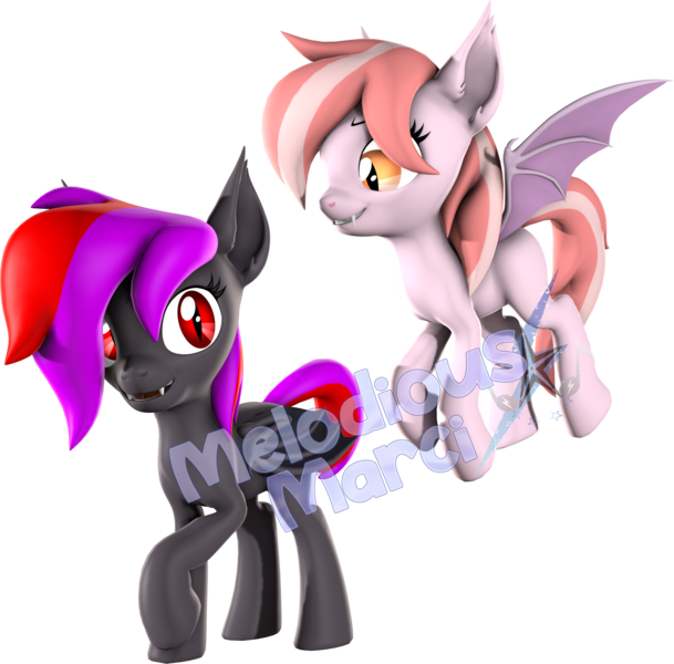 Size: 2162x2129 | Tagged: safe, artist:melodiousmarci, derpibooru import, oc, oc:alum orchid, oc:strawberry gleam, bat pony, pony, 3d, female, flying, high res, image, lesbian, looking at each other, looking at someone, oc x oc, png, shipping, simple background, source filmmaker, transparent background