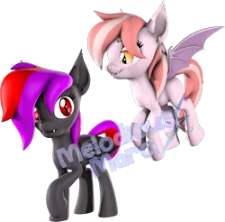 Size: 2162x2129 | Tagged: safe, artist:melodiousmarci, derpibooru import, oc, oc:alum orchid, oc:strawberry gleam, bat pony, pony, 3d, female, flying, high res, image, lesbian, looking at each other, looking at someone, oc x oc, png, shipping, simple background, source filmmaker, transparent background
