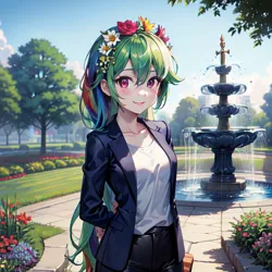 Size: 1280x1280 | Tagged: safe, derpibooru import, machine learning generated, rainbow dash, human, ai content, blazer, blushing, female, floral head wreath, flower, fountain, generator:tensor.art, humanized, image, implied date, looking at you, park, png, prompter:tyto4tme4l, solo, solo female, tree
