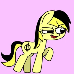 Size: 2048x2048 | Tagged: safe, artist:aryannespetfemboy, ponerpics import, ponybooru import, oc, oc:leslie fair, unofficial characters only, pony, ancap, aria property cinematic universe, capitalism, image, nonbinary, pink background, png, raised hoof, raised leg, simple background, stonetoss, yellow coat