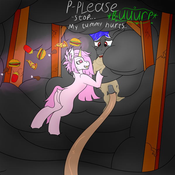 Size: 4096x4104 | Tagged: semi-grimdark, artist:strange tartlet, derpibooru import, oc, oc:lasagna, pegasus, unicorn, blob, blobface, burger, burp, fast food, fat, feedee, feeder, feeding, food, french fries, hose, image, immobile, messy eating, morbidly obese, obese, pizza, png, rolls of fat, weight gain