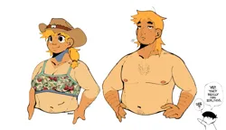 Size: 1015x584 | Tagged: safe, artist:bixels, derpibooru import, applejack, big macintosh, human, belly button, bra, brother and sister, chest hair, clothes, dialogue, duo focus, farmer's tan, female, humanized, image, male, male nipples, musclegut, nipples, nudity, partial nudity, png, siblings, simple background, smiling, speech bubble, straw in mouth, tan lines, topless, underwear, white background