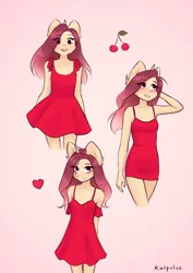 Size: 2480x3508 | Tagged: safe, artist:katputze, derpibooru import, oc, oc:crimson sunset, unofficial characters only, anthro, pony, unicorn, cheek fluff, cherry, clothes, dress, eye clipping through hair, female, floating heart, food, heart, high res, image, jpeg, looking at you, mare, pink background, red dress, signature, simple background, smiling, smiling at you, solo