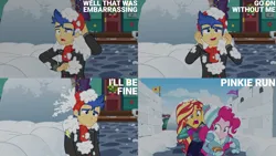 Size: 2000x1125 | Tagged: safe, derpibooru import, edit, edited screencap, editor:quoterific, screencap, flash sentry, pinkie pie, sunset shimmer, equestria girls, equestria girls series, holidays unwrapped, spoiler:eqg series (season 2), image, png, saving pinkie's pie