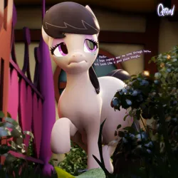 Size: 2048x2048 | Tagged: suggestive, alternate version, artist:quicktimepony, derpibooru import, part of a set, octavia melody, earth pony, human, pony, 3d, beauty mark, blender, bush, butt, crotchboobs, dialogue, female, fetish, image, implied scat, large butt, micro, nudity, outdoors, png, ponyville, signature, unaware, worried
