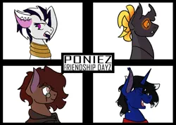 Size: 900x640 | Tagged: safe, artist:mys71k, derpibooru import, oc, oc:fire hearth, oc:gear shift, oc:night reader, oc:trex vyrax, unofficial characters only, bat pony, changeling, album cover, album parody, bat pony oc, bat wings, changeling oc, clothes, demon days, gorillaz, image, laughing, png, scarf, wings