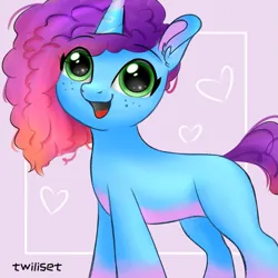 Size: 811x810 | Tagged: safe, artist:twiliset, derpibooru import, pony, unicorn, g5, my little pony: a new generation, spoiler:g5, cute, excited, happy, heart, image, misty brightdawn, open mouth, pink background, png, rebirth misty, simple background, solo, sparkles