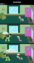 Size: 1920x3516 | Tagged: safe, artist:platinumdrop, derpibooru import, derpy hooves, oc, oc:anon, oc:anon stallion, pegasus, pony, comic:caretaker, 3 panel comic, angry, caretaker, comic, commission, couch, covered in mud, crying, door, excited, female, filly, filly derpy, floppy ears, flower, foal, food, front door, happy, image, living room, mud, muddy, muffin, open door, open mouth, painting, picture frame, plant, png, sad, scolding, sitting, smiling, speech, speech bubble, spread wings, stern, talking, vase, walking, window, wings, yelling, younger