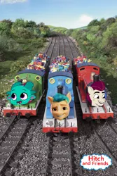 Size: 394x591 | Tagged: safe, artist:allahda, derpibooru import, hitch trailblazer, sparky sparkeroni, dragon, earth pony, g5, 1000 years in photoshop, image, logo, png, real life background, thomas and friends, thomas the tank engine, wat