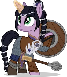 Size: 3935x4500 | Tagged: safe, artist:limedazzle, derpibooru import, oc, oc:shadowheart, ponified, pony, unicorn, armor, baldur's gate 3, female, image, mace, magic, mare, png, shield, simple background, solo, transparent background, weapon