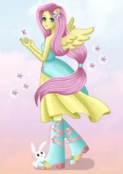 Size: 1000x1414 | Tagged: safe, artist:bluebell, derpibooru import, angel bunny, fluttershy, butterfly, human, insect, equestria girls, equestria girls (movie), equestria girls series, equestria girls-ified, female, g4, gradient background, humanized, image, innocent, jpeg, looking at you, outfit, pastel, soft, sparkles, transformation, wings