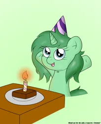 Size: 2550x3109 | Tagged: safe, artist:sparkfler85, derpibooru import, oc, oc:sparkling cogs, unofficial characters only, pony, unicorn, birthday, brownies, candle, derpibooru exclusive, female, food, happy, hat, image, party hat, png, simple background, smiling, solo, spread hooves