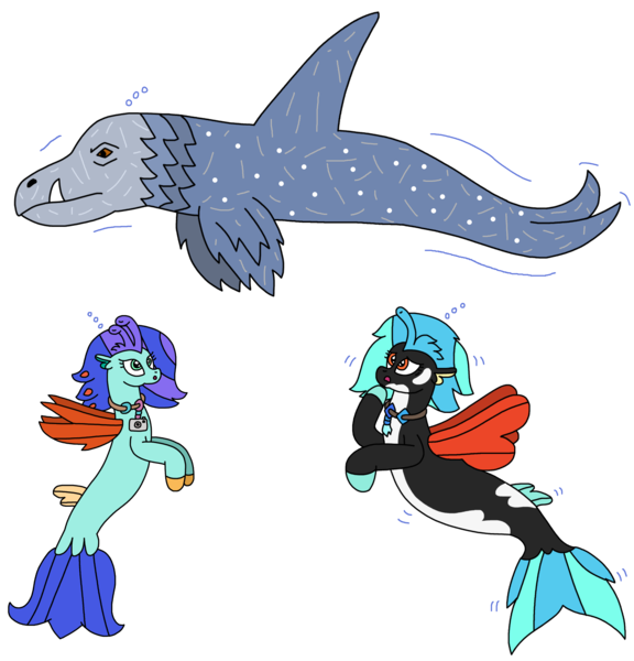 Size: 2069x2154 | Tagged: safe, artist:supahdonarudo, derpibooru import, oc, oc:icebeak, oc:sea lilly, unofficial characters only, seapony (g4), bubble, camera, image, jewelry, looking up, necklace, png, scared, sea monster, simple background, transparent background