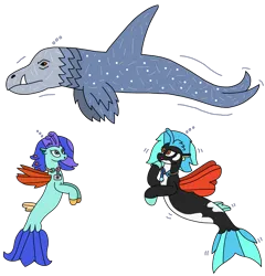 Size: 2069x2154 | Tagged: safe, artist:supahdonarudo, derpibooru import, oc, oc:icebeak, oc:sea lilly, unofficial characters only, seapony (g4), bubble, camera, image, jewelry, looking up, necklace, png, scared, sea monster, simple background, transparent background