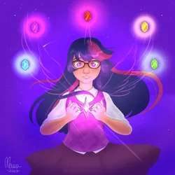 Size: 3000x3000 | Tagged: safe, artist:merisa, derpibooru import, twilight sparkle, human, element of generosity, element of honesty, element of kindness, element of laughter, element of loyalty, element of magic, elements of harmony, humanized, image, magic, png, solo