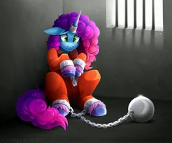 Size: 4096x3413 | Tagged: safe, artist:buvanybu, derpibooru import, pony, unicorn, g5, ankle cuffs, ball and chain, bars, chained, chains, clothes, coat markings, colored hooves, colored pupils, cuffed, cuffs, female, freckles, gradient hair, gradient horn, gradient mane, gradient tail, horn, horn ring, image, indoors, jail, jail cell, jewelry, jpeg, jumpsuit, magic suppression, mare, misty brightdawn, multicolored hair, multicolored mane, multicolored tail, never doubt rainbowdash69's involvement, prison cell, prison outfit, prisoner, rebirth misty, ring, room, sad, shackles, sitting, socks (coat marking), solo, tail, text, unshorn fetlocks, window
