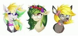 Size: 4096x1905 | Tagged: safe, artist:buvanybu, derpibooru import, oc, unofficial characters only, deer, pony, unicorn, bust, deer oc, drink, floral head wreath, flower, freckles, glasses, horn, image, jpeg, non-pony oc, simple background, tongue out, unicorn oc, white background