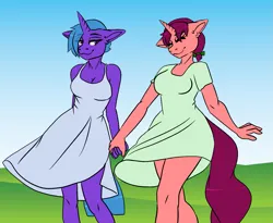 Size: 1435x1176 | Tagged: safe, artist:oddends, derpibooru import, oc, oc:cascade, oc:melody, unofficial characters only, anthro, unicorn, blue hair, breasts, cleavage, clothes, date, day, dress, duo, ear fluff, eyes closed, eyes open, female, females only, floppy ears, hair over one eye, hair tie, hips, holding hands, horn, image, nostrils, outdoors, park, png, red hair, short hair, smiling, snout, sundress, tail, thighs, unicorn horn, waist, walking