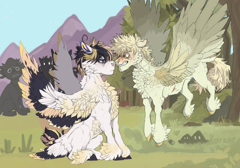 Size: 1069x748 | Tagged: safe, artist:dingobreath, oc, oc:honeydew raindrop, oc:stinger, oc:stinger bee, unofficial characters only, pegasus, pony, angry, blushing, chest fluff, coat markings, colored hooves, colored wings, conflict, dialogue in the description, feathered fetlocks, feathered tail, fluffy, flying, image, jpeg, magical lesbian spawn, male, multicolored wings, next generation, offspring, parent:applejack, parent:fire streak, parent:fluttershy, parent:songbird serenade, parents:appleshy, parents:songbirdstreak, sitting, spread wings, stallion, story included, unamused, wings