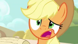 Size: 1280x720 | Tagged: safe, derpibooru import, screencap, applejack, earth pony, pony, pinkie apple pie, confused, cute, faic, image, jackabetes, open mouth, png, solo, wat