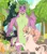 Size: 840x952 | Tagged: safe, artist:dingobreath, spike, oc, oc:firefly, oc:lark, changedling, changeling, dragon, dragonling, hybrid, pony, unicorn, alternate design, disguise, father and child, father and daughter, female, gem, image, interspecies offspring, leonine tail, magical gay spawn, male, mare, market, market stall, marketplace, next generation, offspring, older, older spike, parent:discord, parent:fluttershy, parent:spike, parent:thorax, parents:discoshy, parents:thoraxspike, png, ponytail, raised hoof, talking, vegetables, winged spike, yellow sclera