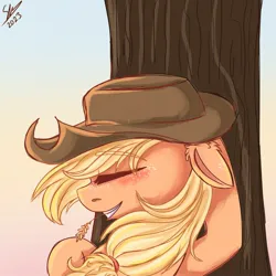 Size: 1280x1280 | Tagged: safe, artist:galaxy swirl, derpibooru import, applejack, earth pony, pony, bust, ear fluff, eyes closed, female, floppy ears, freckles, hat, image, jpeg, mare, profile, resting, smiling, solo, straw in mouth, tree, under the tree