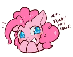 Size: 1106x863 | Tagged: safe, artist:cold-blooded-twilight, derpibooru import, pinkie pie, bad work, blushing, dialogue, giggling, image, png, simple background, transparent background, vulgar