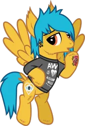Size: 928x1374 | Tagged: safe, artist:lightningbolt, derpibooru import, ponified, pegasus, pony, .svg available, alex gaskarth, all time low, cheek fluff, clothes, derpibooru exclusive, dyed mane, dyed tail, ear fluff, flying, hair over one eye, hoof fluff, hoof on hip, image, lidded eyes, looking at you, male, png, raised hoof, shirt, show accurate, simple background, solo, spread wings, stallion, t-shirt, tail, tail feathers, tattoo, transparent background, vector, wing fluff, wings