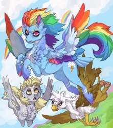 Size: 840x952 | Tagged: safe, artist:dingobreath, derpy hooves, gilda, rainbow dash, gryphon, pegasus, pony, alternate design, colored wings, female, flying, image, implied derpydash, implied lesbian, implied shipping, jpeg, looking at you, multicolored wings, open mouth, rainbow, rainbow wings, sky background, trio, trio female, wings