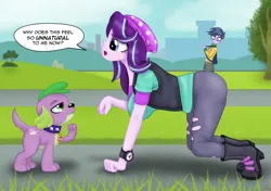 Size: 1280x903 | Tagged: safe, artist:lennondash, derpibooru import, microchips, spike, starlight glimmer, dog, human, equestria girls, all fours, beanie, boots, breasts, busty starlight glimmer, clothes, collar, dialogue, eyes on the prize, female, hat, humans doing horse things, image, jpeg, male, open mouth, pants, ripped pants, shoes, side view, speech bubble, spike the dog, spiked collar, talking, torn clothes, vest, watch, wristwatch