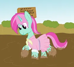 Size: 2000x1800 | Tagged: safe, artist:amateur-draw, derpibooru import, oc, oc:belle boue, unofficial characters only, pony, unicorn, camping outfit, clothes, crossdressing, dress, image, male, mud, mud bath, mud play, muddy, muddy hooves, png, quarry, quicksand, sign, simple background, solo, stallion, wet and messy