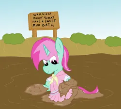 Size: 2000x1800 | Tagged: safe, artist:amateur-draw, derpibooru import, oc, oc:belle boue, unofficial characters only, pony, unicorn, camping outfit, clothes, crossdressing, dress, image, male, mud, mud bath, mud play, muddy, png, quarry, quicksand, simple background, sinking, solo, stallion, wet and messy