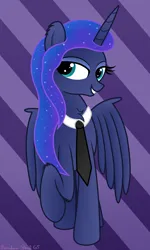 Size: 2416x4032 | Tagged: safe, artist:rainbowšpekgs, derpibooru import, princess luna, alicorn, pony, female, image, looking at you, mare, necktie, png, smiling, solo, spread wings, standing, wings