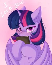 Size: 2000x2500 | Tagged: safe, artist:thieftea, derpibooru import, twilight sparkle, alicorn, pony, blushing, book, female, horn, i love you, image, looking at you, mare, multicolored hair, png, smiling, smiling at you, solo, wings