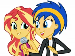 Size: 2048x1536 | Tagged: safe, artist:ry-bluepony1, derpibooru import, sunset shimmer, oc, oc:flare spark, equestria girls, rainbow rocks, clothes, duo, duo female, female, image, jpeg, microphone, simple background, singing, sleeveless, smiling, welcome to the show