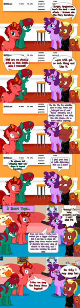 Size: 1024x3936 | Tagged: safe, artist:jasperpie, derpibooru import, oc, oc:aramau, oc:firebrand, oc:harmony dancer, oc:jasper pie, clothes, comic, fez, glasses, hat, image, jpeg, offscreen character, pie's pizzeria, vest