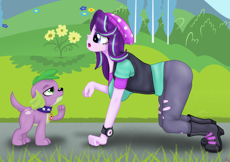 Size: 1280x903 | Tagged: safe, artist:lennondash, derpibooru import, edit, spike, starlight glimmer, dog, human, equestria girls, all fours, beanie, boots, breasts, busty starlight glimmer, clothes, collar, female, flower, hat, humans doing horse things, image, male, open mouth, pants, png, ripped pants, shipping, shoes, side view, sparlight, speech bubble, spike the dog, spiked collar, straight, torn clothes, vest, watch, wristwatch