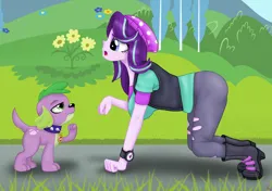 Size: 1280x903 | Tagged: safe, artist:lennondash, derpibooru import, edit, spike, starlight glimmer, dog, human, equestria girls, all fours, beanie, boots, breasts, busty starlight glimmer, clothes, collar, female, flower, hat, humans doing horse things, image, male, open mouth, pants, png, ripped pants, shipping, shoes, side view, sparlight, speech bubble, spike the dog, spiked collar, straight, torn clothes, vest, watch, wristwatch