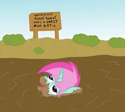 Size: 2000x1800 | Tagged: safe, artist:amateur-draw, derpibooru import, oc, oc:belle boue, unofficial characters only, pony, unicorn, camping outfit, clothes, crossdressing, dress, image, male, mud, mud bath, mud play, muddy, png, quarry, quicksand, sign, simple background, sinking, solo, stallion