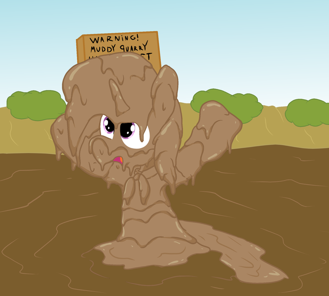 Size: 2000x1800 | Tagged: safe, artist:amateur-draw, derpibooru import, oc, oc:belle boue, unofficial characters only, pony, unicorn, camping outfit, clothes, covered in mud, crossdressing, dress, image, male, mud, mud bath, mud play, mud pony, muddy, png, quicksand, sign, simple background, solo, stallion