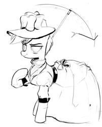 Size: 1978x2455 | Tagged: safe, artist:_ton618_, parasol, rainbow dash, pegasus, pony, art pack:forbidden knowledge, clothes, dress, grumpy, hat, image, looking at you, monochrome, png, rainbow dash always dresses in style, raised leg, sketch, victorian