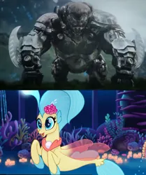 Size: 720x863 | Tagged: safe, derpibooru import, princess skystar, seapony (g4), my little pony: the movie, clash of hasbro's titans, crossover, crossover shipping, female, image, jpeg, male, maximal, shipping, transformers, transformers rise of the beasts, underwater, water