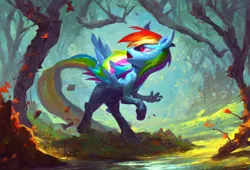 Size: 1128x768 | Tagged: safe, derpibooru import, machine learning generated, stable diffusion, rainbow dash, pegasus, pony, ai content, body horror, claws, creepy, eldritch abomination, female, forest, horror, image, mare, png, prompter:lateempire, solo, sunset, transformation, tree