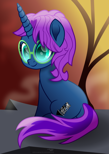 Size: 4801x6773 | Tagged: safe, artist:lincolnbrewsterfan, derpibooru import, oc, oc:train station, unofficial characters only, pony, unicorn, my little pony: the movie, rainbow roadtrip, .svg available, artwork, butt, cliff, cloud, cute, cyan eyes, female, forelock, gift art, glasses, highlights, horn, image, inkscape, long horn, looking at something, looking forward, mare, minimalist, mist, modern art, movie accurate, nc-tv signature, ocbetes, outdoors, plot, png, ponysona, present, profile picture, purple hair, purple mane, purple tail, rear view, rock, shading, signature, simple background, sitting, solo, sunset, tail, tail wrap, teal eyes, three quarter view, train, tree, turned head, turquoise eyes, two toned tail, unicorn oc, vector, website, welcome