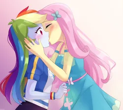 Size: 900x810 | Tagged: safe, artist:riouku, derpibooru import, fluttershy, rainbow dash, human, equestria girls, eyes closed, eyeshadow, female, flutterdash, hairclip, image, kissing, lesbian, makeup, pink background, png, shipping, simple background, wide eyes, wristband