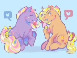 Size: 2048x1553 | Tagged: safe, artist:poniesart, derpibooru import, butterscotch (g1), triple treat, earth pony, pony, g1, blue background, candy, duo, food, heart, ice cream, image, lollipop, png, simple background