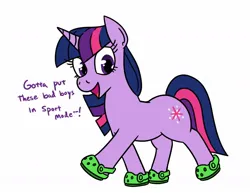 Size: 1100x850 | Tagged: safe, artist:jargon scott, derpibooru import, twilight sparkle, pony, unicorn, crocs, dialogue, female, image, jpeg, mare, simple background, solo, twilight crockle, unicorn twilight, white background