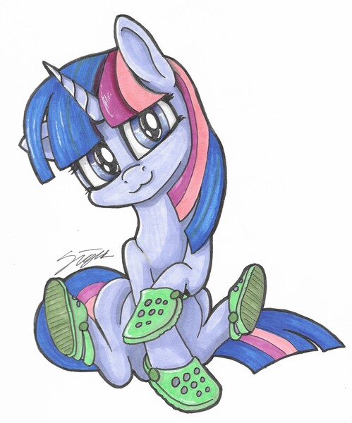 Size: 2153x2588 | Tagged: safe, artist:sigilponies, derpibooru import, twilight sparkle, pony, unicorn, crocs, female, image, jpeg, looking at you, mare, signature, simple background, sitting, smiling, smiling at you, solo, traditional art, twilight crockle, unicorn twilight, white background